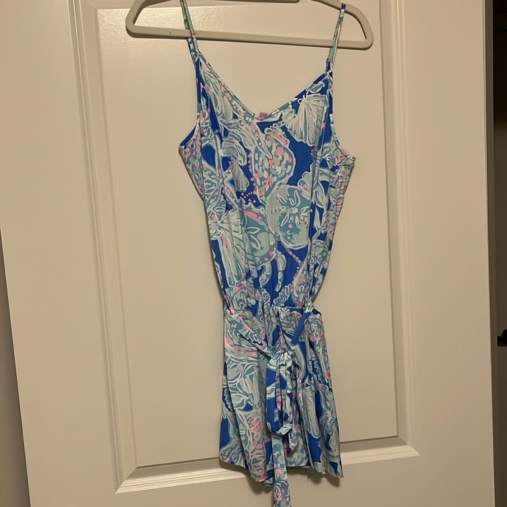 Lilly Pulitzer Deanna Tank Top Romper in Bay Blue Into the Deep - Size L